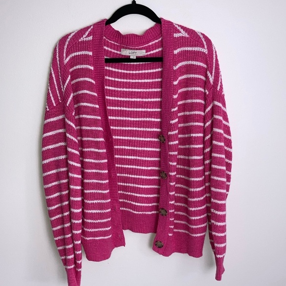 Loft Striped Cardigan Sweater Pink White Women’s Size Large Cotton Colorful - Picture 1 of 7